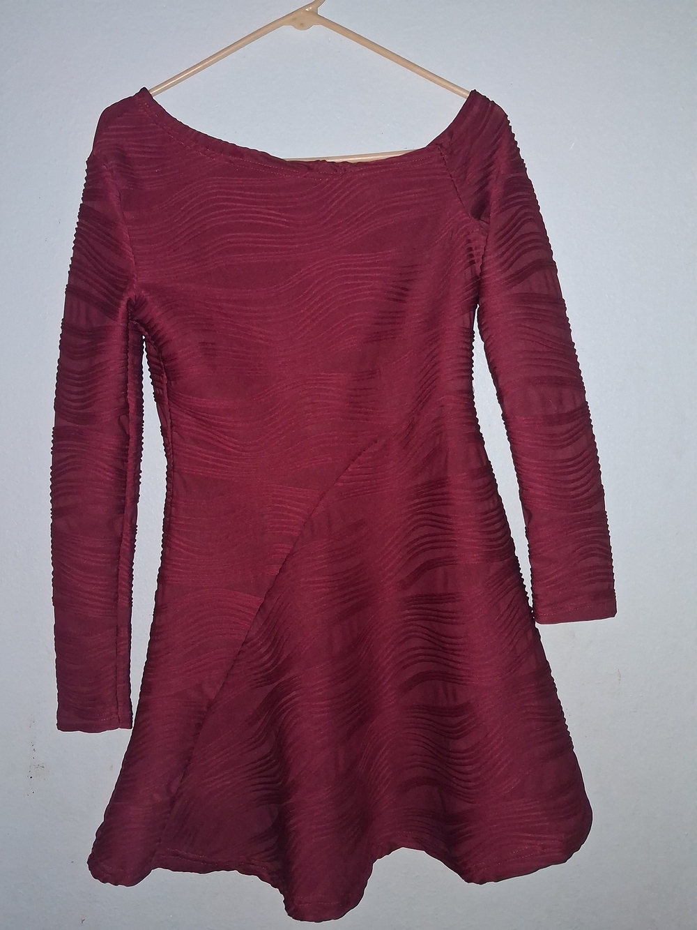 SHEIN Burgundy Textured Fit & Flare Long-Sleeve Dress